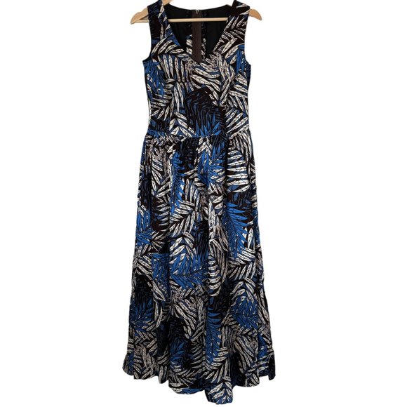 Hand Crafted Palm Print Maxi DressAfrican Wax Print Sleeveless V Neck Pockets